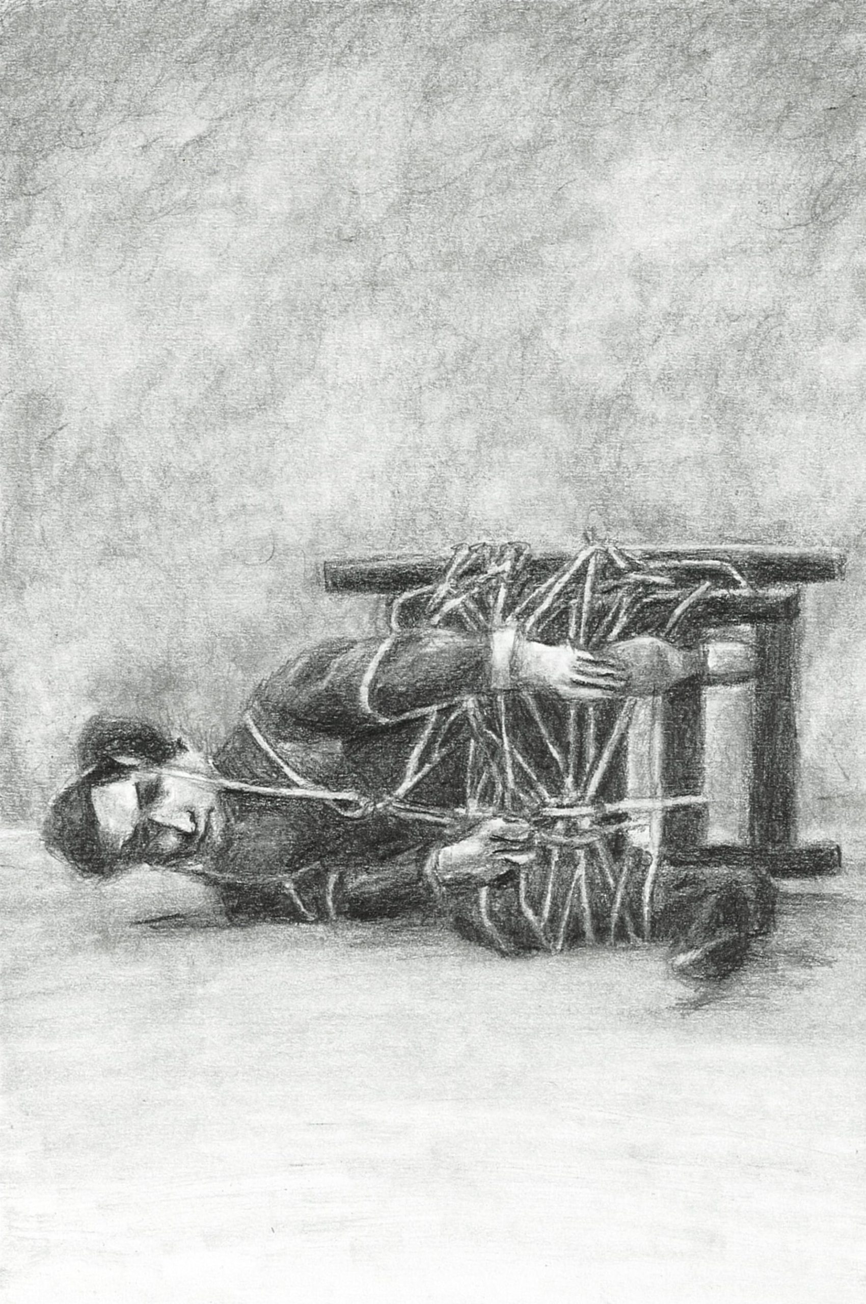 pencil sketch of a man tied to a chair and fallen over